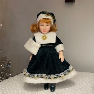 6.5” Porcelain Doll in Green Dress & Gold Accents